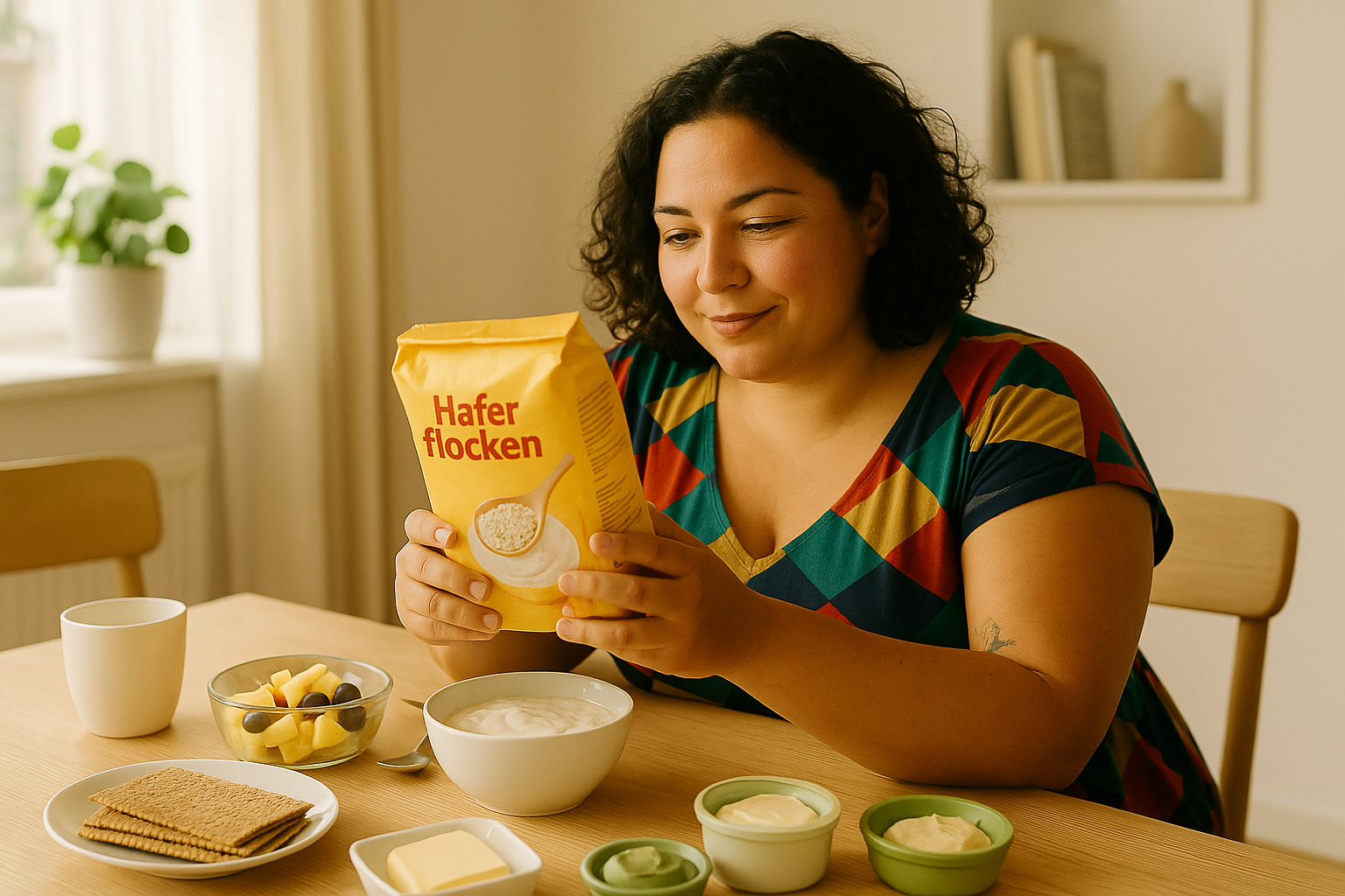 Frau im bunten Kleid sitzt am Tisch mit Frühstück schaut lächelnd auf eine Packung Haferflocken
