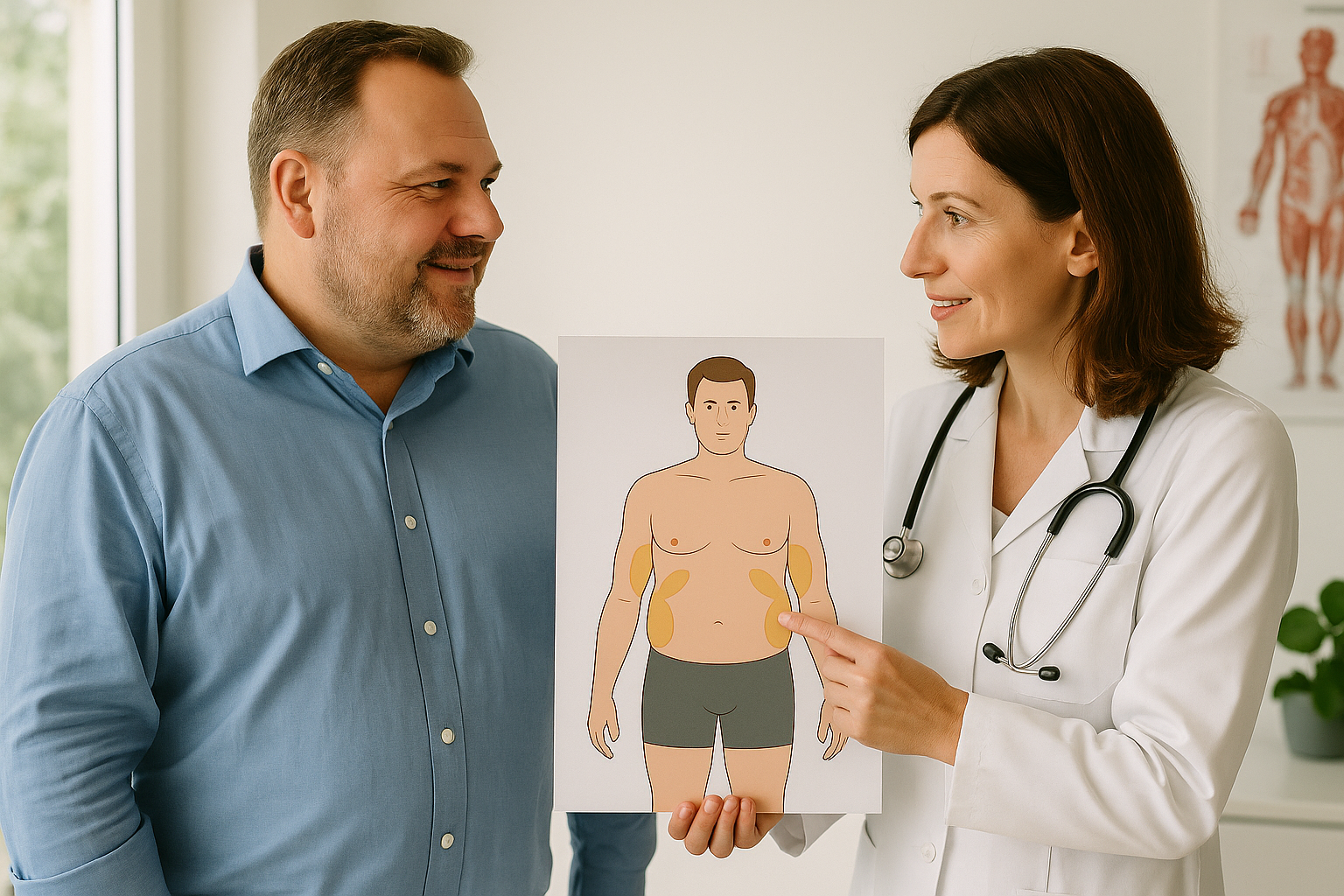 Ärztin im weißen Kittel zeigt einem Mann im blauen Hemd eine Illustration eines männlichen Körpers mit markierten Fettpolstern
